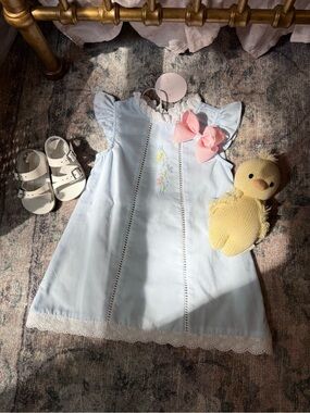 Floral embroidered powder blue slip dress with lace trim and butterfly sleeve